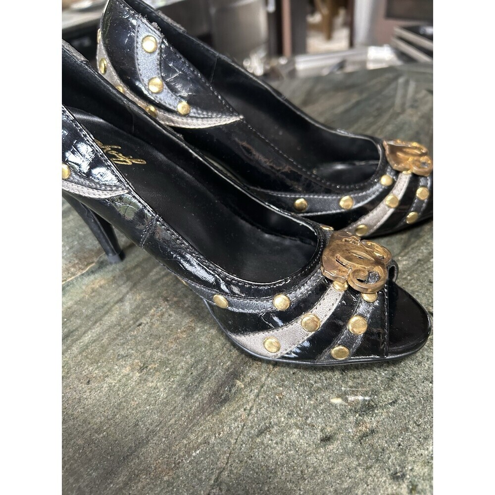 Sharif Black Peep Toe Pumps Goldtone Studs & Toe Decoration Size 7 3” Heel